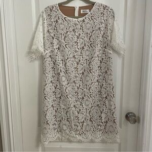 Space 46 Boutique White Eyelet Lace Shift Mini Short Sleeve Dress Lined Size L